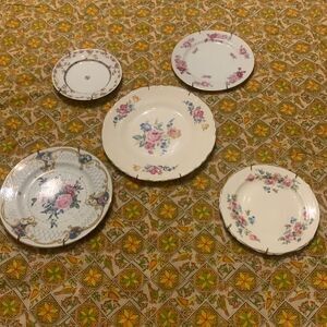 Set of 5 floral decorative plates with wall hangers on the back